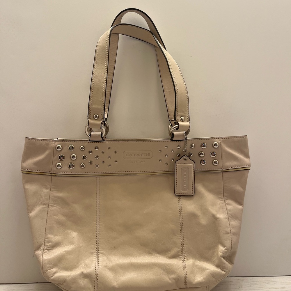 Coach ivory Leather Tote with Stud Accents